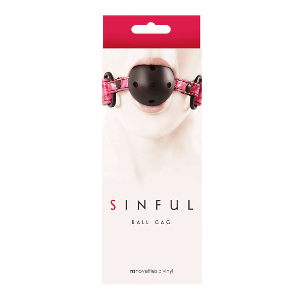 Sinful Ball Gag Pink with adjustable strap and ventilated ball packaging image.