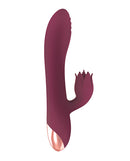 Mystique Venus Vibe Rabbit Vibrator Eggplant with textured head and petal-shaped stimulator for dual pleasure.