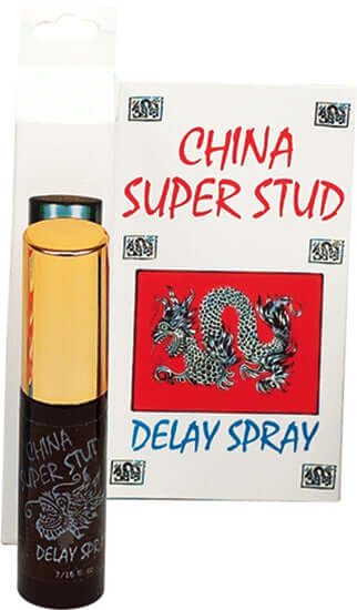 China Super Stud Delay Spray for men, 7/16 fl. oz., with packaging design featuring a dragon, by Nasstoys of New York.