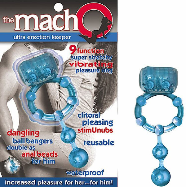 Macho Ultra Erection Keeper Cock Ring in blue with 9-speed vibrating functions, clitoral stimulator, and anal beads, packaging display.