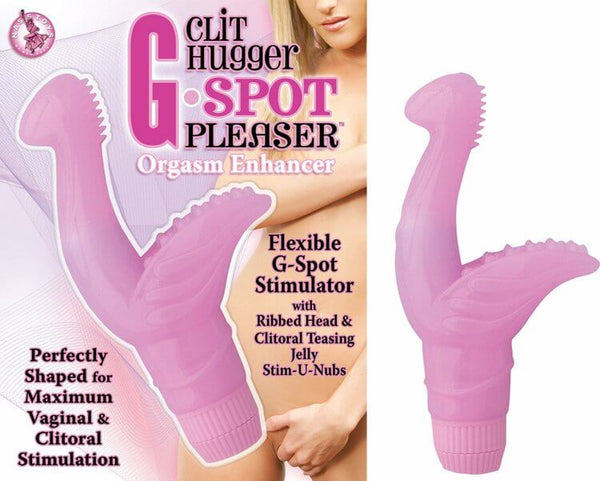 Clit Hugger G-Spot Pleaser vibrator in pink, designed for clitoral and G-spot stimulation with ribbed texture.