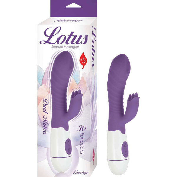 Lotus Sensual Massager #5 Rabbit Vibrator in purple and white with dual motors, 30 functions, and textured shaft.