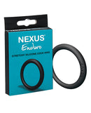 Nexus Enduro Silicone Cock Ring Black in packaging, highlighting its stretchy design for comfort and versatility.