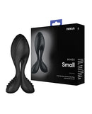 Nexus Bendz Silicone Butt Plug Small Black on display with packaging, featuring bendable design and remote control.