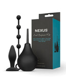 Nexus Beginner Silicone Anal Kit Black including anal douche, small butt plug, and silicone anal beads.
