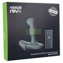Nexus Revo Slim Rotating Prostate Massager Black packaging with remote control and features displayed.