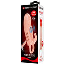 Pretty Love Sloane Vibrating Penis Sleeve Flesh packaging with details on TPR material and features.