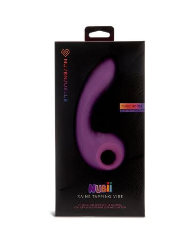 Sensuelle Nubii Raine Tapping Vibe packaging, purple dual stimulation with warming and turbo boost features.