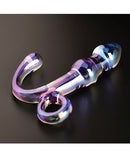 Cristal Orchid Pulse Glass Dildo with Bullet Vibe Purple in a colorful glass design on a black surface.