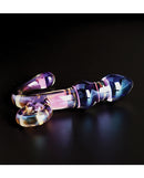 Cristal Orchid Pulse Glass Dildo with Bullet Vibe Purple displayed on a black surface, showcasing its smooth glass design.