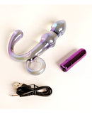 Cristal Orchid Pulse Glass Dildo with Bullet Vibe Purple displayed with USB charging cable.