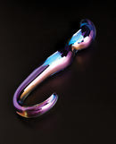 Cristal Blue Flame Curved Glass Dildo Purple on a black surface, showcasing its elegant design and colorful shine.