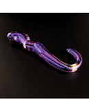 Cristal Blue Flame Curved Glass Dildo Purple displayed on a black surface showcasing its elegant design.