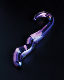 Cristal Blue Flame Curved Glass Dildo Purple on a dark background showcasing its elegant design and vibrant color.
