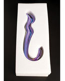 Cristal Blue Flame Curved Glass Dildo Purple resting in protective foam packaging, showcasing its elegant design.