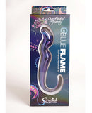 Cristal Blue Flame Curved Glass Dildo Purple packaged in an elegant box showcasing its eco-friendly features.