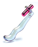 Cristal Twilight Glow Glass Dildo with Clitoral Vibrator featuring iridescent borosilicate glass and metallic-pink accents.