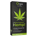 Orgie Hemp Intense Orgasm Arousal Gel packaging featuring a hemp leaf and tingling effect description.