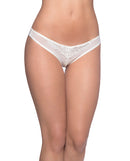 Oh la la Cheri Crotchless Thong with Pearls White One Size displayed on model, featuring lace details and pearl accents.