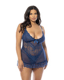 Valentine Lace Babydoll with Bows and G-String Navy 1X/2X worn by model in navy lace, perfect for romantic occasions.