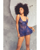 Valentine Lace Babydoll with Bows and G-String Navy Large showcased in a chic model against a stylish background.