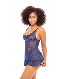 Valentine Lace Babydoll with Bows and G-String Navy XL on model showcasing a flirty A-line silhouette.