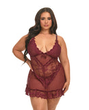 Valentine Lace Babydoll and G-String Zinfandel 1X/2X in rich burgundy with lace detailing and sheer fabric.