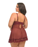 Valentine Lace Babydoll and G-String Zinfandel 1X/2X back view highlighting lace detail and flowing silhouette.