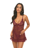 Valentine Lace Babydoll with Bows and G-String Zinfandel XL in rich burgundy shade, sheer mesh with lace inserts.
