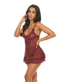 Valentine Lace Babydoll with Bows and G-String Zinfandel XL in burgundy with sheer lace details.