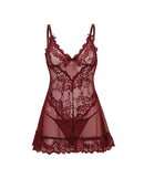 Valentine Lace Babydoll with Bows and G-String Zinfandel XL in rich burgundy with lace accents and soft mesh.