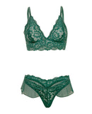 Alessia Soft Cup Lace and Mesh Bra Set Green Small featuring soft cup bra and matching G-string with ruffle details.
