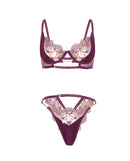 Loretta Embroidered Bra and Panty Set Burgundy Medium featuring floral embroidery and satin accents.