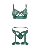 Darlene Lace Underwire Bra and Gartered Panty Set Green L/XL, featuring lace details and gold-tone accents.