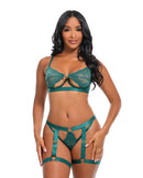 Darlene Underwire Lace Bra and Gartered Panty Set Green S/M showcasing delicate lace and satin for a playful look.