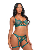Darlene Underwire Lace Bra and Gartered Panty Set Green S/M showcasing elegant lace and satin in a seductive design.