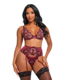 Eloise Floral Embroidered Underwire 3 Piece Set Burgundy featuring floral embroidery and sheer mesh.