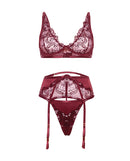 Eloise Floral Embroidered Underwire 3 Piece Set Burgundy featuring delicate floral embroidery and sheer mesh detailing.