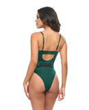 Model wearing Oh La La Cheri Holiday Elfina Padded Cup Teddy Green S/M, showcasing the back design with straps and cutout.