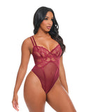 Marisol Lace and Mesh Unlined Underwire Teddy Zinfandel L/XL in sheer burgundy lace and mesh design.