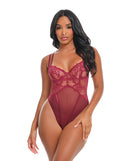 Marisol Lace and Mesh Unlined Underwire Teddy Zinfandel S/M in deep burgundy with lace and mesh design.