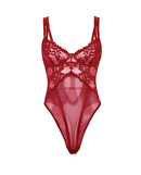 Marisol Lace and Mesh Unlined Underwire Teddy Zinfandel S/M in rich burgundy with delicate lace and sheer mesh design.
