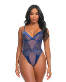 Doreen Lace and Mesh Underwire Teddy Navy L/XL showcasing a seductive plunging design with lace and mesh details.