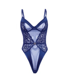 Doreen Lace and Mesh Underwire Teddy Navy L/XL featuring sheer lace and mesh, elegant plunging shape with modern double ring accents.