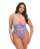 Martina Lace and Mesh Underwire Teddy Purple Haze 1X/2X on a model showcasing bold strap details and sheer lace.
