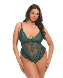Valentine Soft Cup Lace Teddy with Bow Details Green 3X/4X displaying sheer lace and soft mesh in a flattering fit.