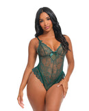 Valentine Soft Cup Lace Teddy with Bow Details Green Large showcased on model, highlighting sheer lace and satin bow accents.