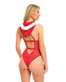 Holiday Satin Teddy with Detachable Hood Red White L/XL showing a model from the back wearing a festive red teddy with a hood.