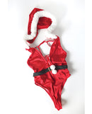Holiday Satin Teddy with Detachable Hood Red White L/XL featuring festive red satin and a decorative hood.