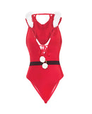 Holiday Satin Teddy with Detachable Hood Red White L/XL in red with black belt and fluffy hood.